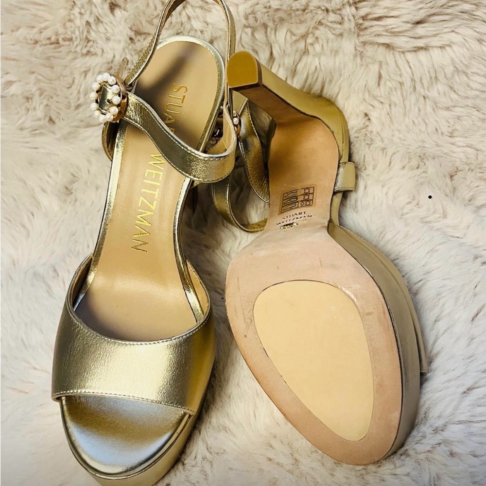 Stuart Weitzman Metallic Gold Pearl-Accent Platform Sandals